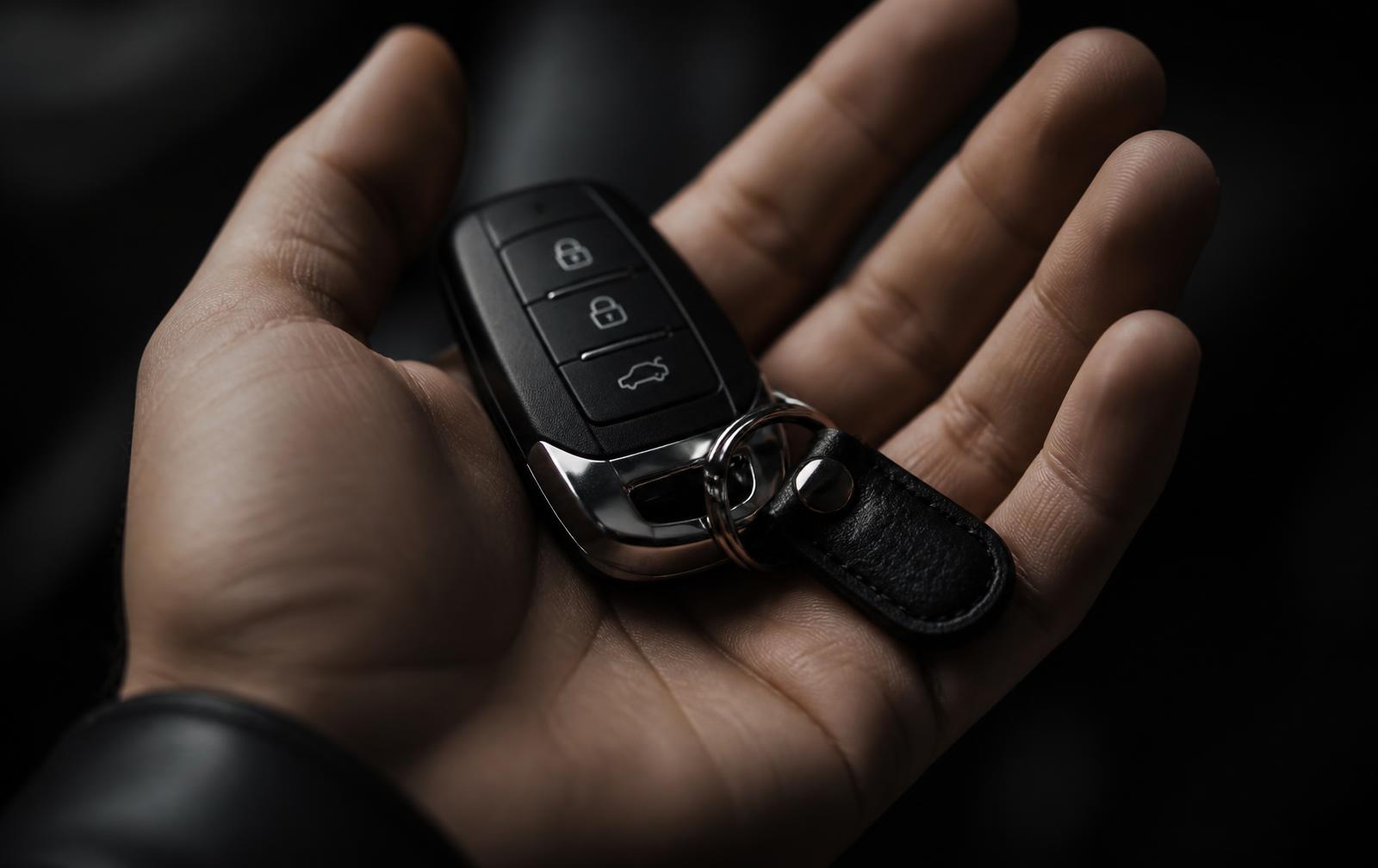 Car key resting on an open palm in low light