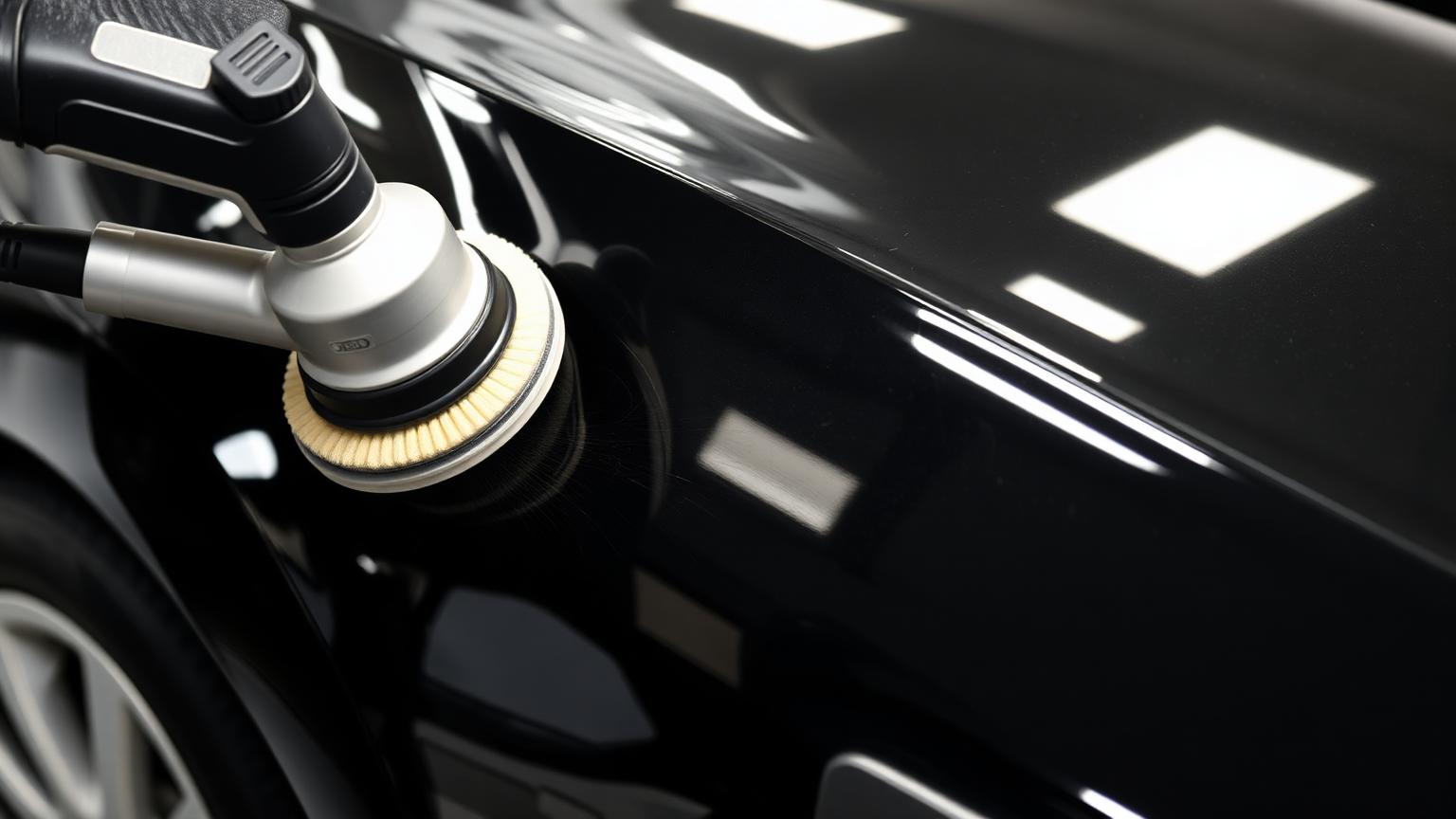 Detailer polishing the glossy surface of a dark car