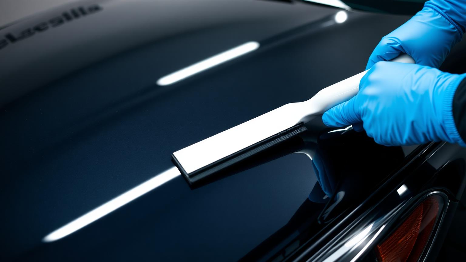 Detailer polishing the glossy surface of a dark car