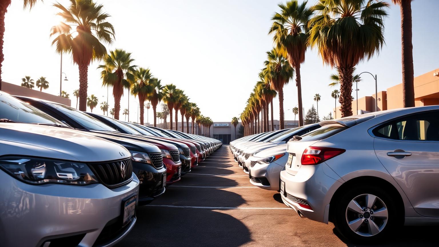 Row of new cars in a bright showroom