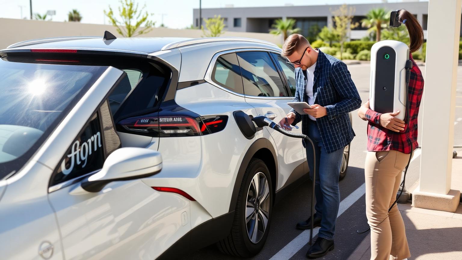 Electric vehicle plugged into a charging station