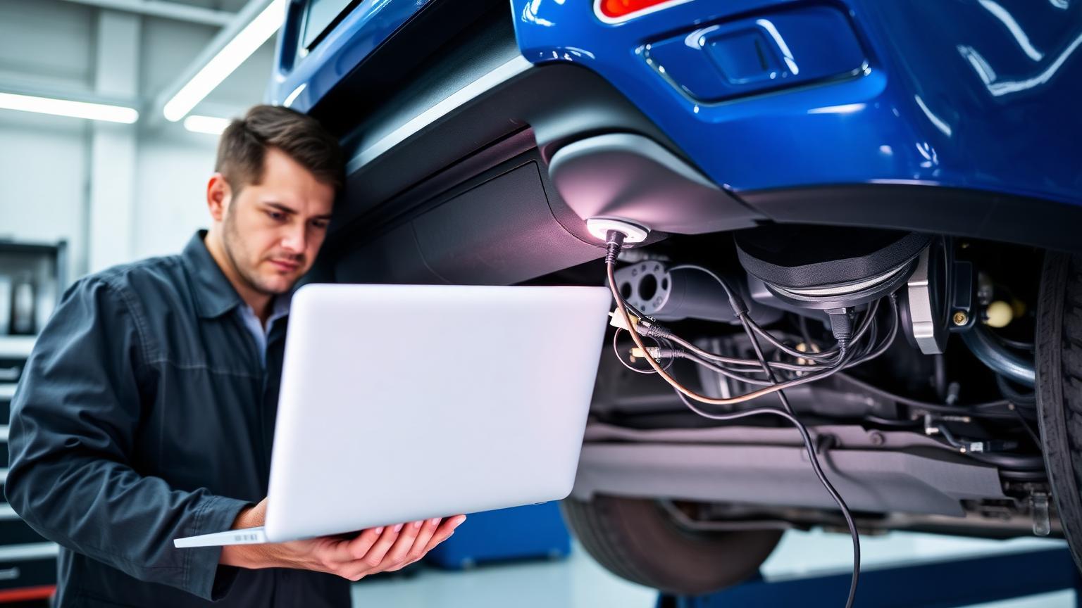 Technician working on a car body panel in a professional workshop