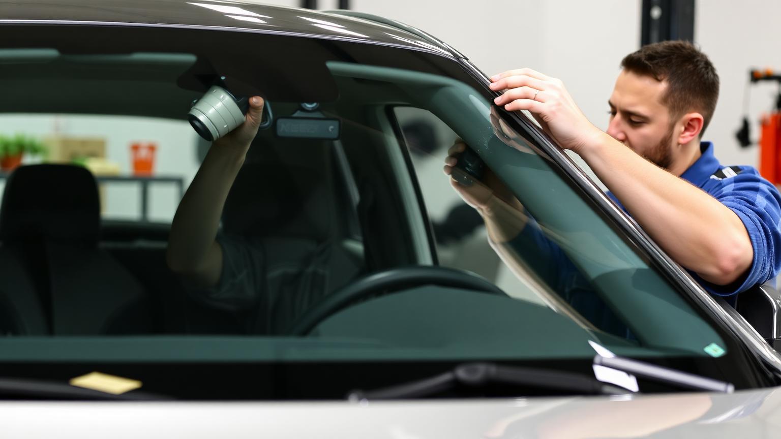 Technician working on a car body panel in a professional workshop